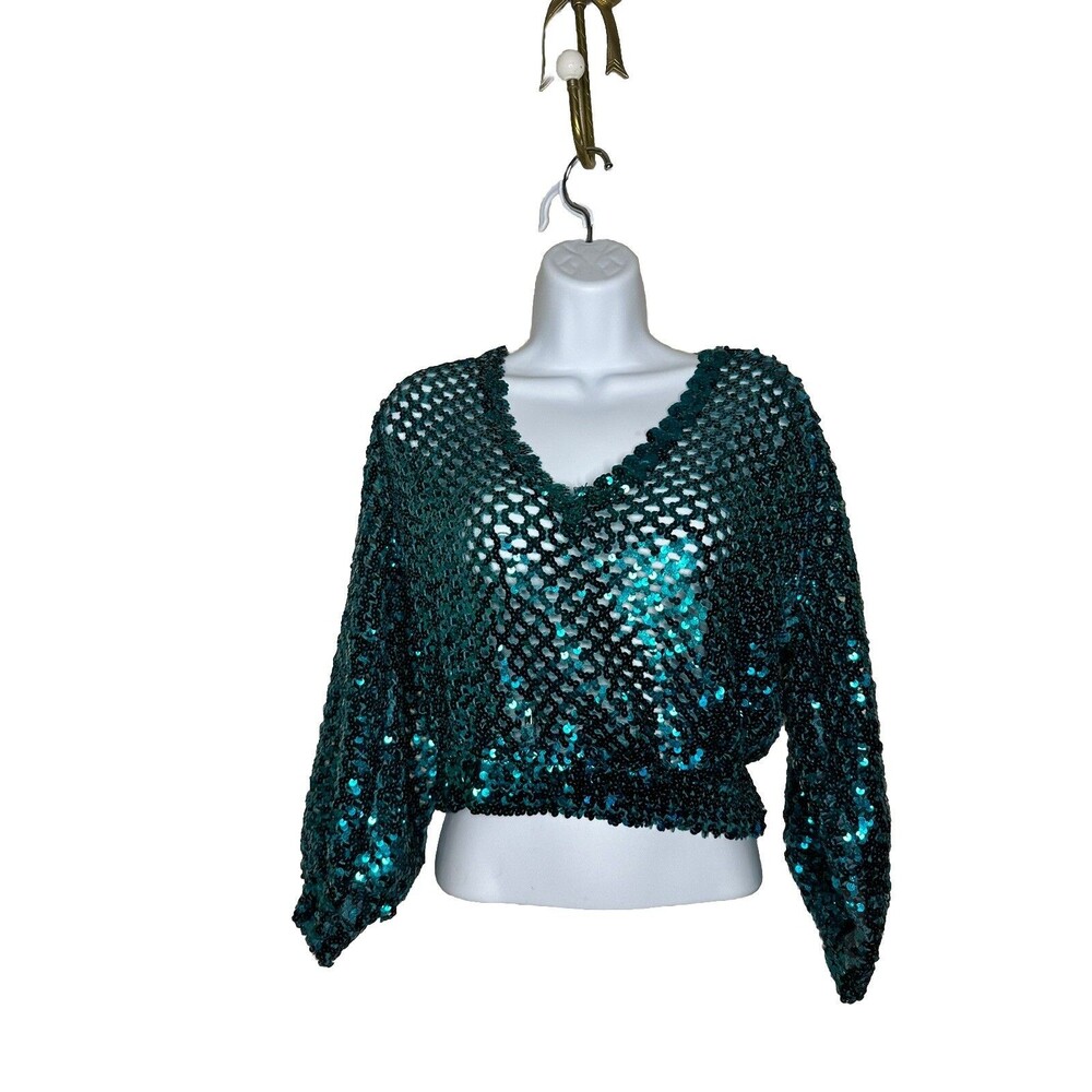 Vtg 80's THREE FLAGS Sz XS S Turqoise Sequin Retro Disco Top Crop 3/4 Seeve Y2k